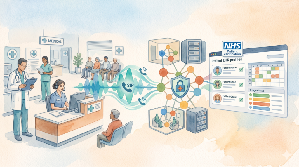 Self-hosted voice AI and EHR workflow architecture connecting clinic phone calls over SIP to patient verification